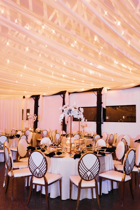 Elegant wedding reception draped ceiling at our Orem, Utah wedding and quinceañera venue